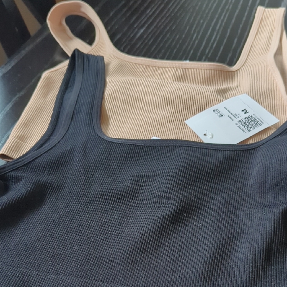 2 tops: One Black and One Beige Ribbed Crop Tops